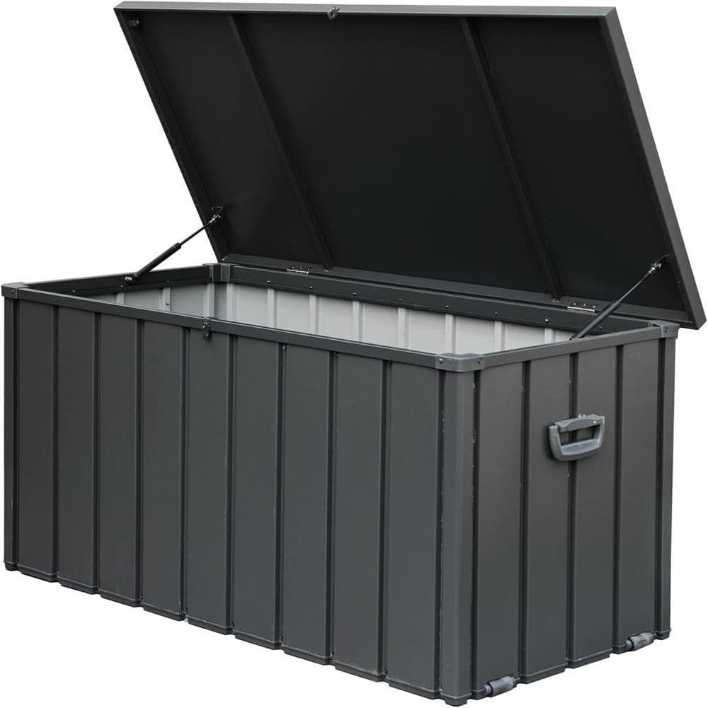 100 Gal. Gray Steel Outdoo Waterproof Deck Box, Large Patio Lockable Storage Bin for Outside Cushions, Garden Tools - Hercitys