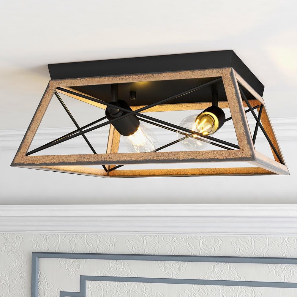 2-Light Barnwood Matte Black Flush Mount Ceiling Light Farmhouse Rustic Rectangle - Hercitys