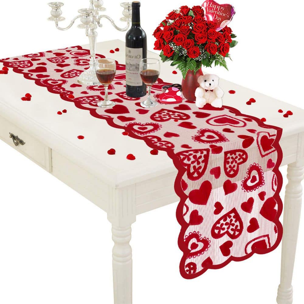 13 in. W x 72 in. LInch Red Lace Table Runner for Wedding Party, Valentines Decorations - Hercitys