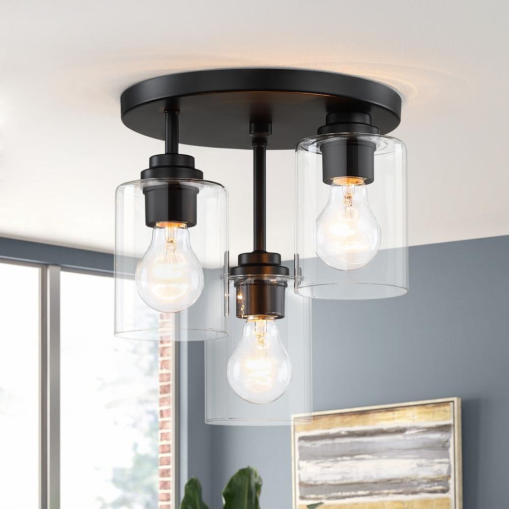 11 in. 3-Light Modern Black Flush Mount Ceiling Light with Clear Glass Shades - Hercitys