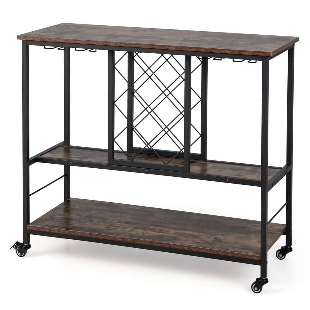 3-Tier Brown Rolling Kitchen Cart Wine Bar Cabinet with 8-Bottles Rack and 12-Glasses Hanger - Hercitys