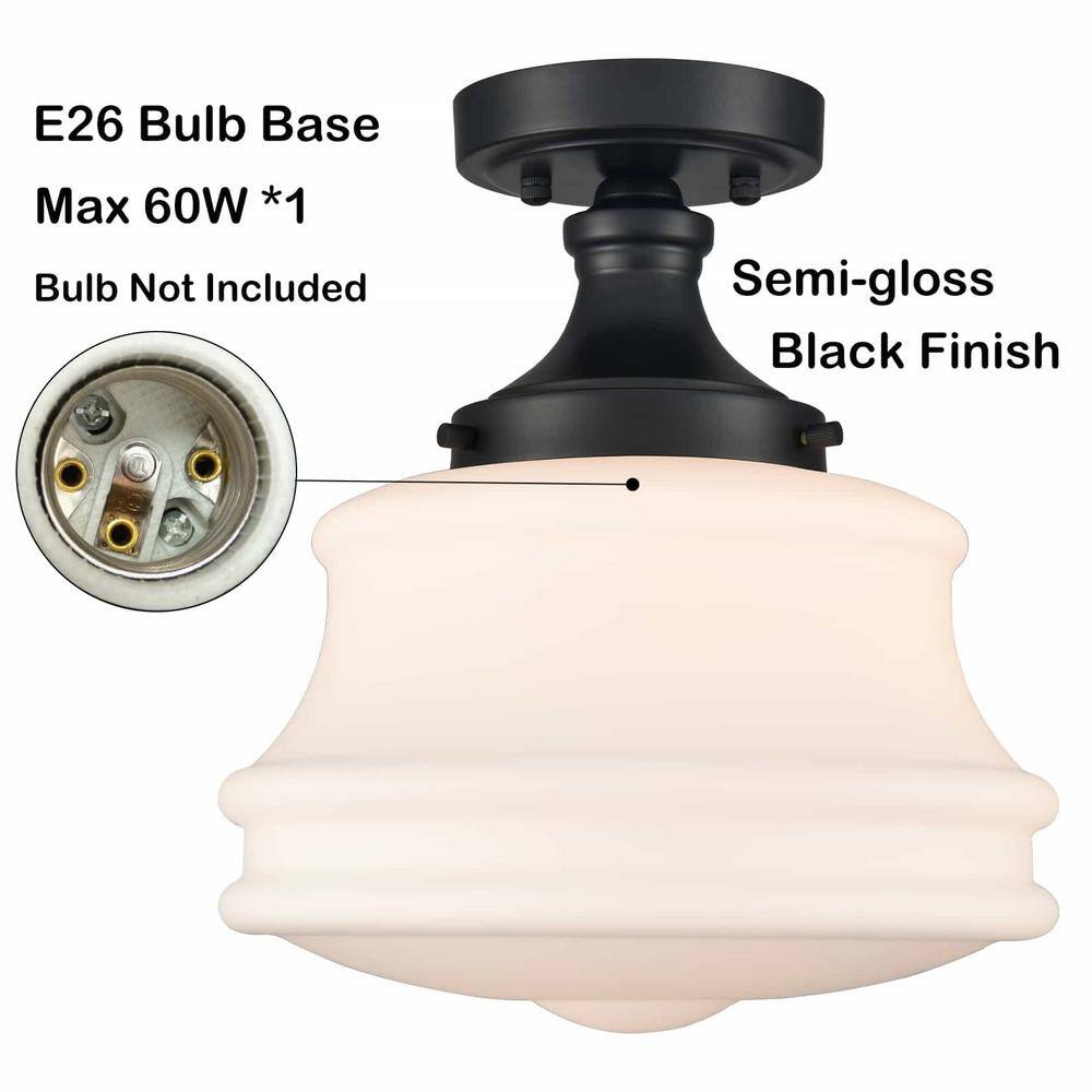 11 in. 1-Light Black Modern Semi-Flush Mount with Frosted Glass Shade and No Bulbs Included (1-Pack) - Hercitys