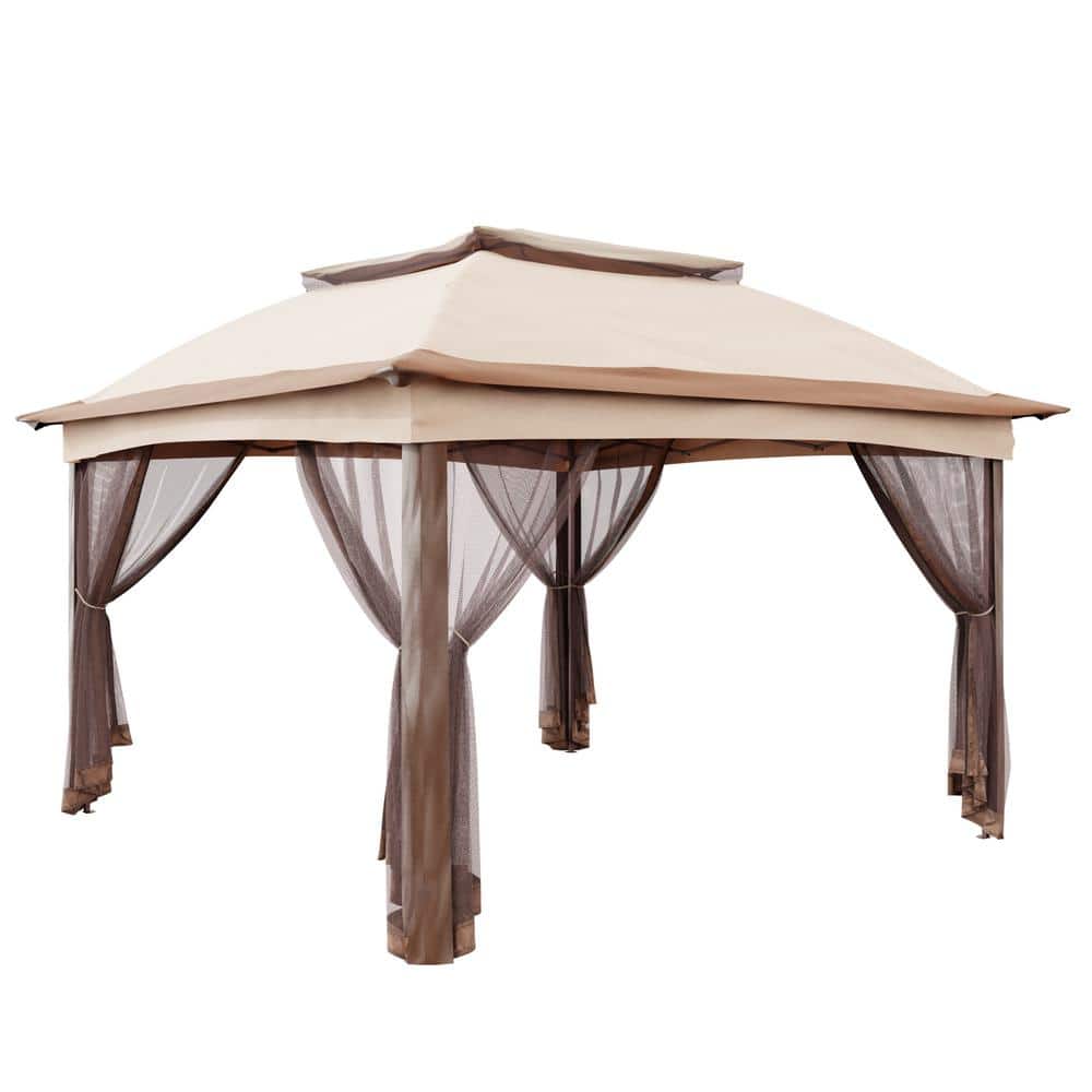 11 ft. x 11 ft. Beige Steel Pop-up Gazebo with Mosquito Netting - Hercitys