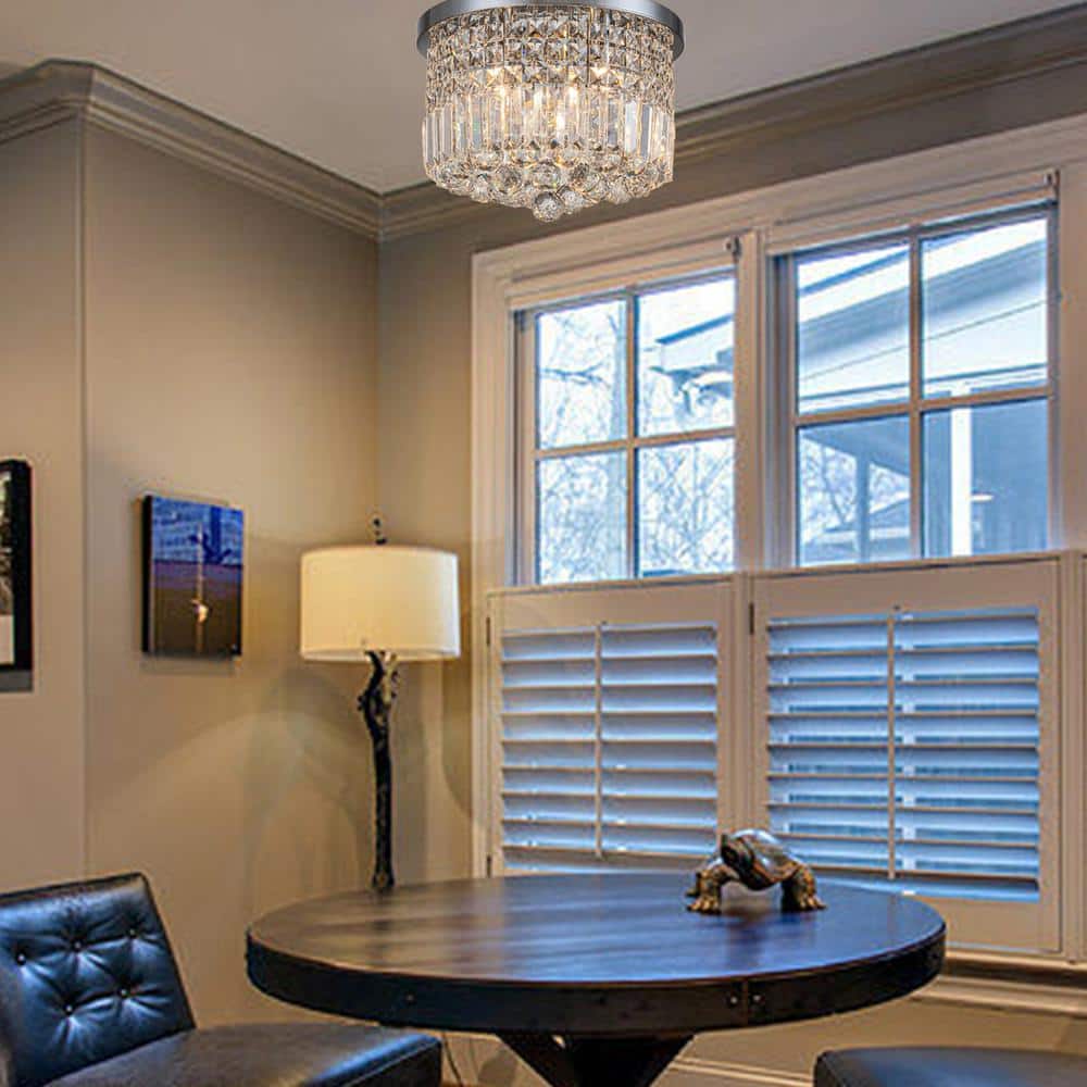 14 in. 4-Light Chrome Flush Mount Crystal Chandelier for Bedroom Dining Room with No Bulbs Included - Hercitys