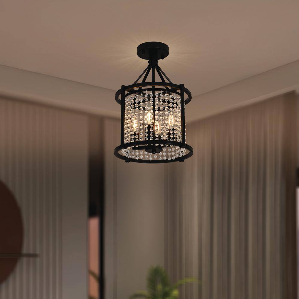 11.8 in. 4-Light Modern Black Lantern Semi-Flush Mount with Crystal Teardrop Pendant Shade - Hercitys