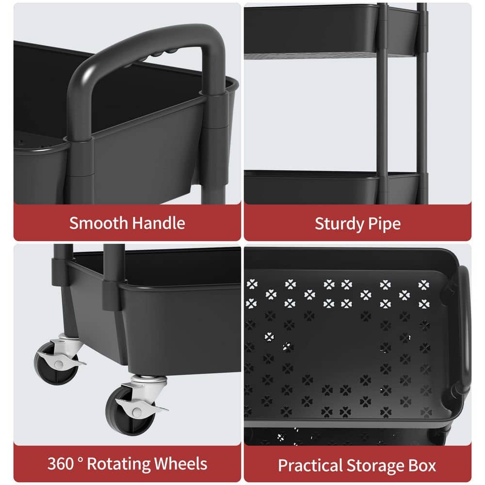 3-Tier Plastic-Wheeled Storage Utility Cart in Black - Hercitys