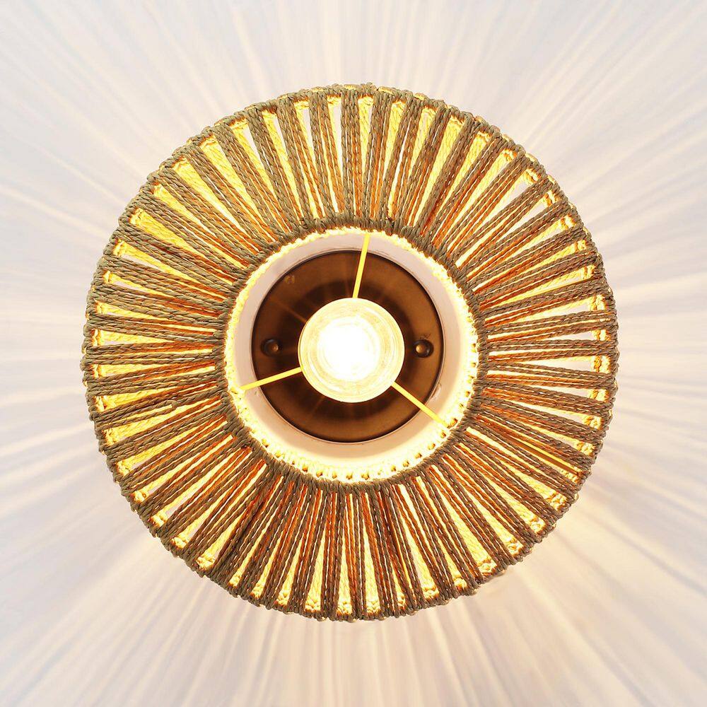 11.81 in. 3-Light Black Brown Farmhouse Semi-Flush Mount Light with Hemp Ropes Shade and No Bulbs Included - Hercitys