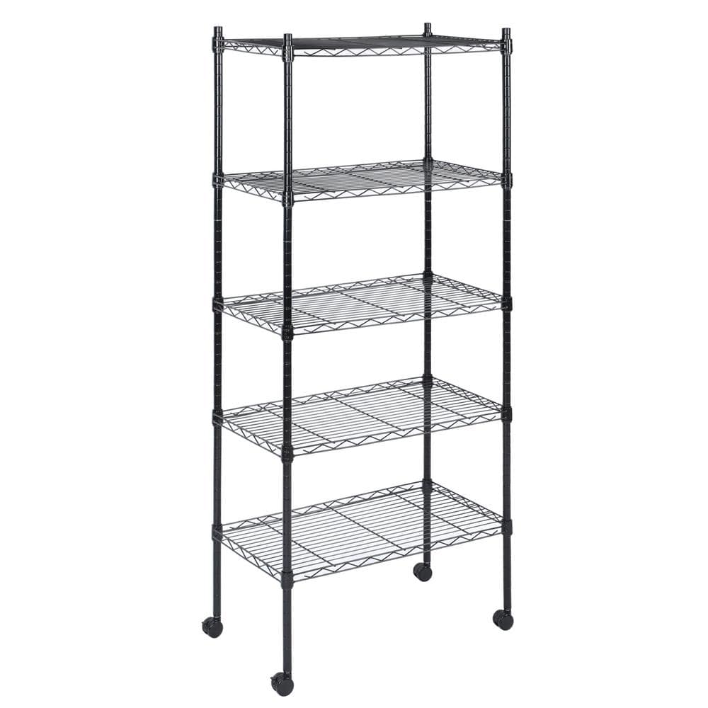 5-Tier Black Heavy Duty Metal Utility Shelves with Wheels & Leveling Feet (30 in. W x 65 in. H x 14 in. D) - Hercitys