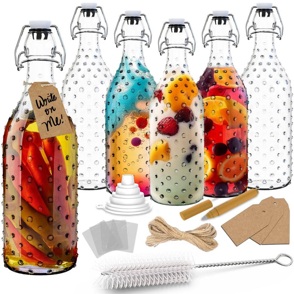 17 oz. Dotted Round Swing Top Glass Bottles with Funnel, Bottle Brush, Tags, Glass Marker and Shrink Wrap (Set of 6) - Hercitys
