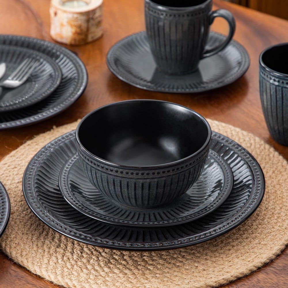 16-Piece Black Grey Porcelain Dinnerware Set Service for 4-Bowls and Plates Dinner Set Embossed Dots Pattern Tableware - Hercitys