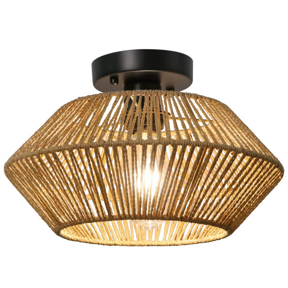12.79 in. 1-Light Bohemian Black Canopy Rattan Semi Flush Mount Ceiling Light for Dining Room Kitchen Island Bedroom - Hercitys