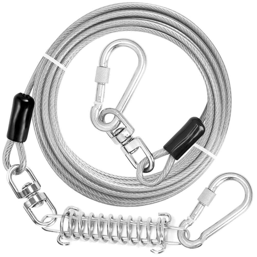 15 ft. Dog Leash Runner Cable with Swivel Hook and Shock Spring for Yard and Camping, White - Hercitys