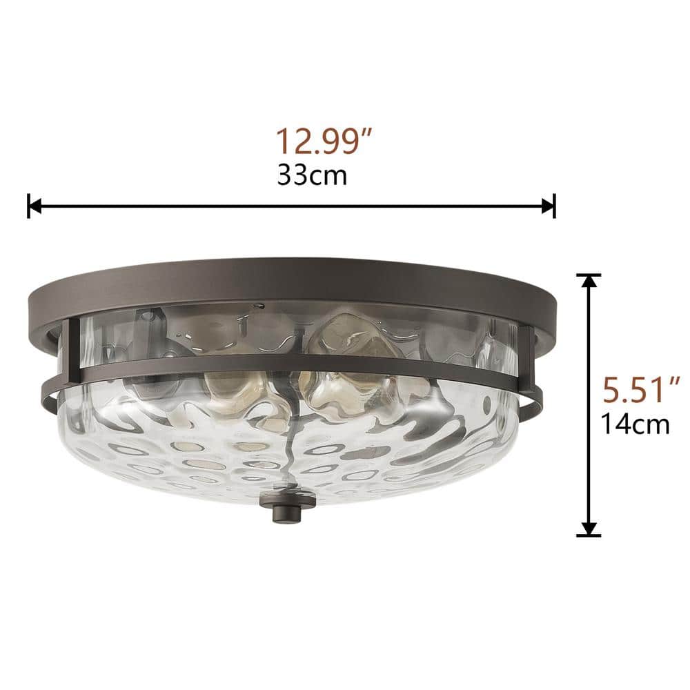 13 in. 2-Light Farmhouse Oil Rubbed Bronze Flush Mount Ceiling Light Fixture with Water Ripple Glass Shade - Hercitys