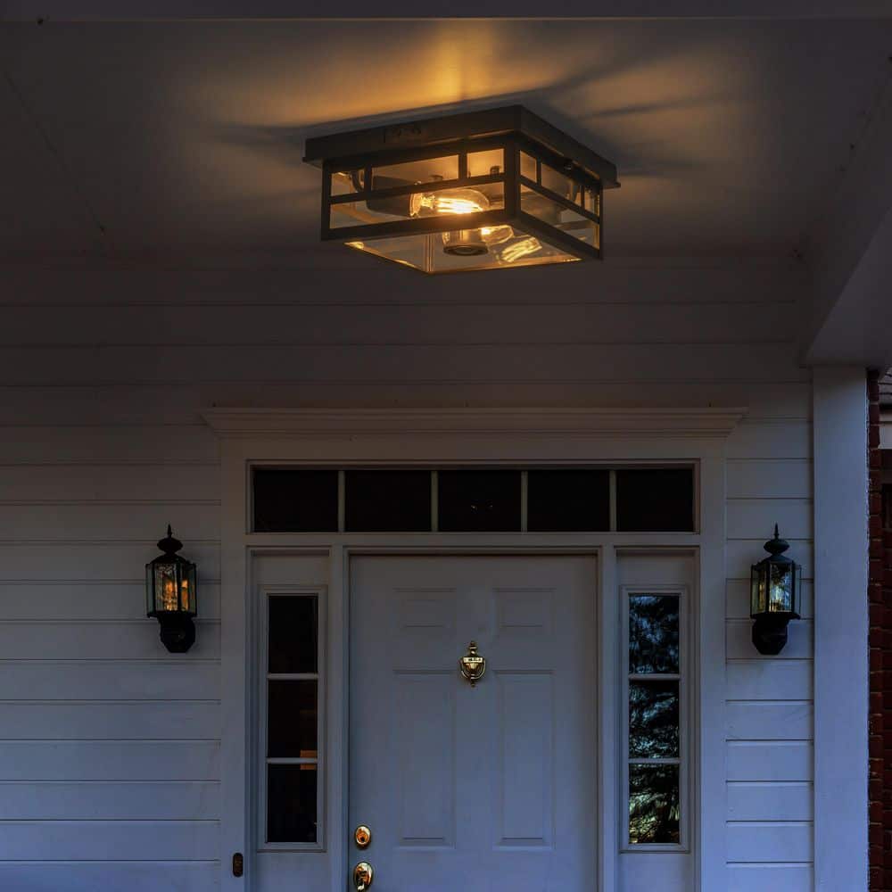 10.5 in. 2-Light Black Motion Sensing Non-Dimmable Outdoor No Bulb Included Flush Mount Ceiling Light (1-Pack) - Hercitys