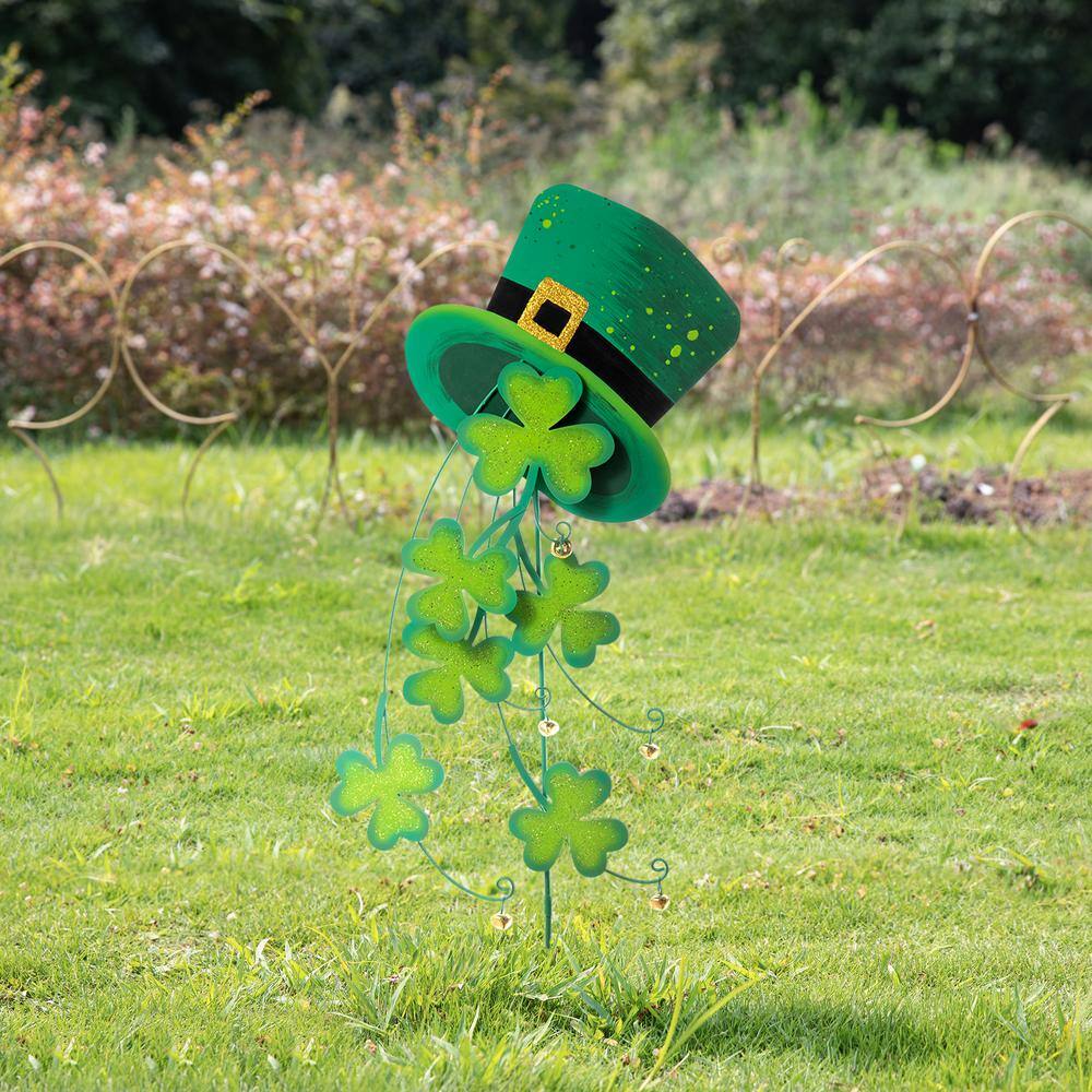 42 in. St. Patrick’s Metal Leprechaun Hat Shamrocks Yard stake(KD, 2 Function) - Hercitys