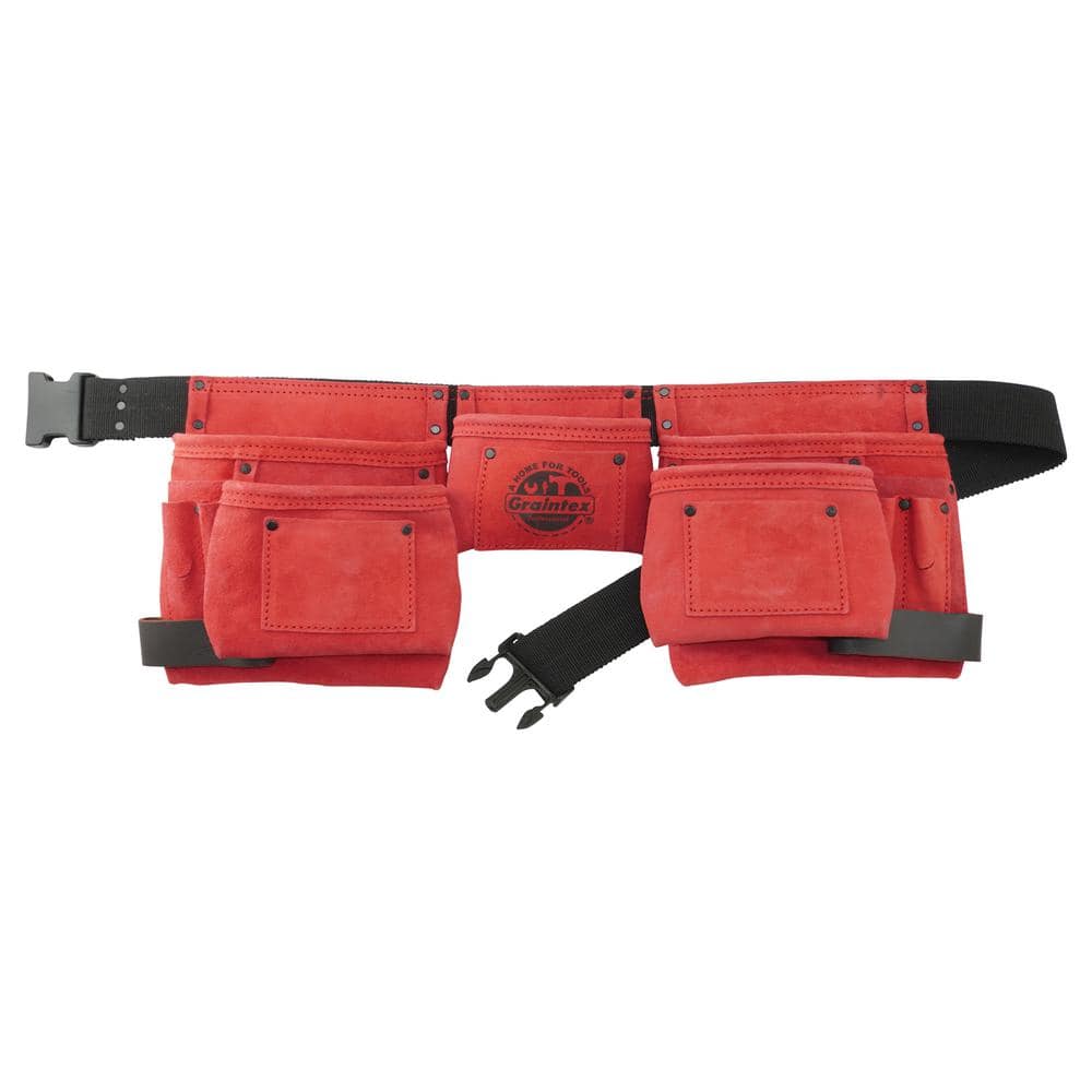 11-Pocket Suede Leather Red Tool Apron with 2 Hammer Loops - Hercitys