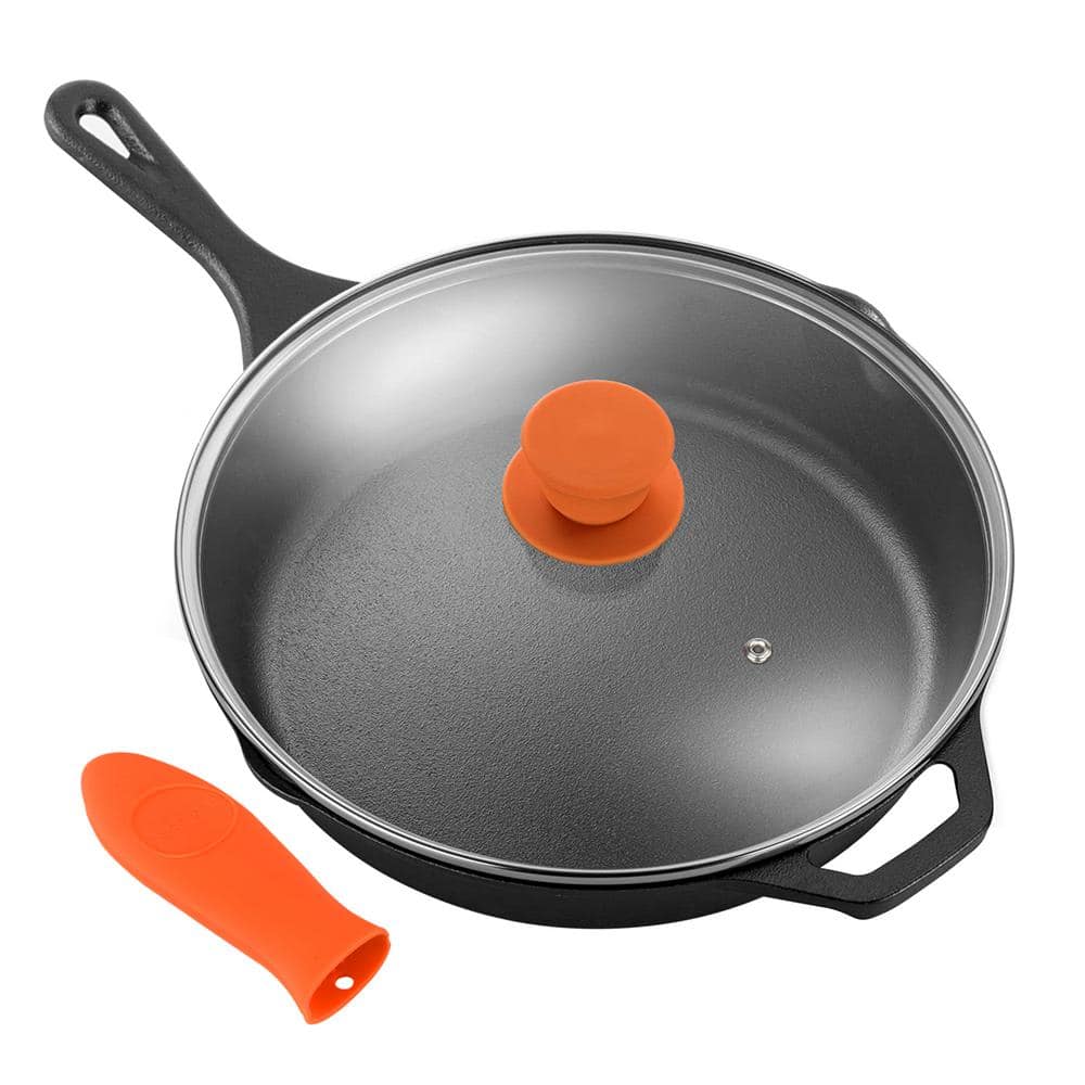10 in. Pre-Seasoned Cast Iron Frying Pan with Glass Lid and Silicone Handle - Hercitys