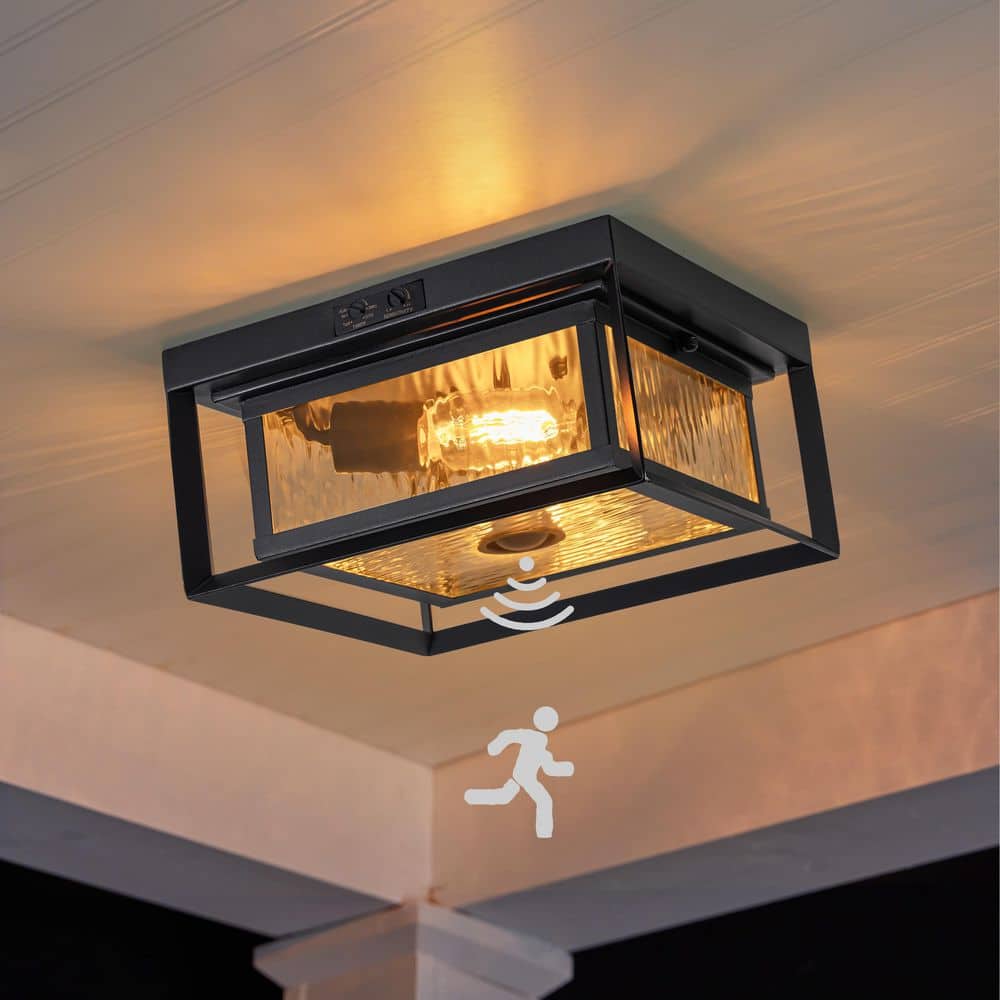 11 in. 2-Light Black Motion Sensing Non-Dimmable Outdoor No Bulb Included Flush Mount Ceiling Light (1-Pack) - Hercitys