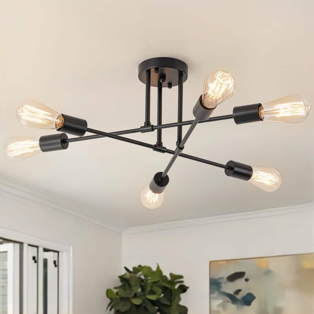 21.65 in. 6-Light Matte Black Modern/Industrial Branch Kitchen Island Semi-Flush Ceiling Light - Hercitys
