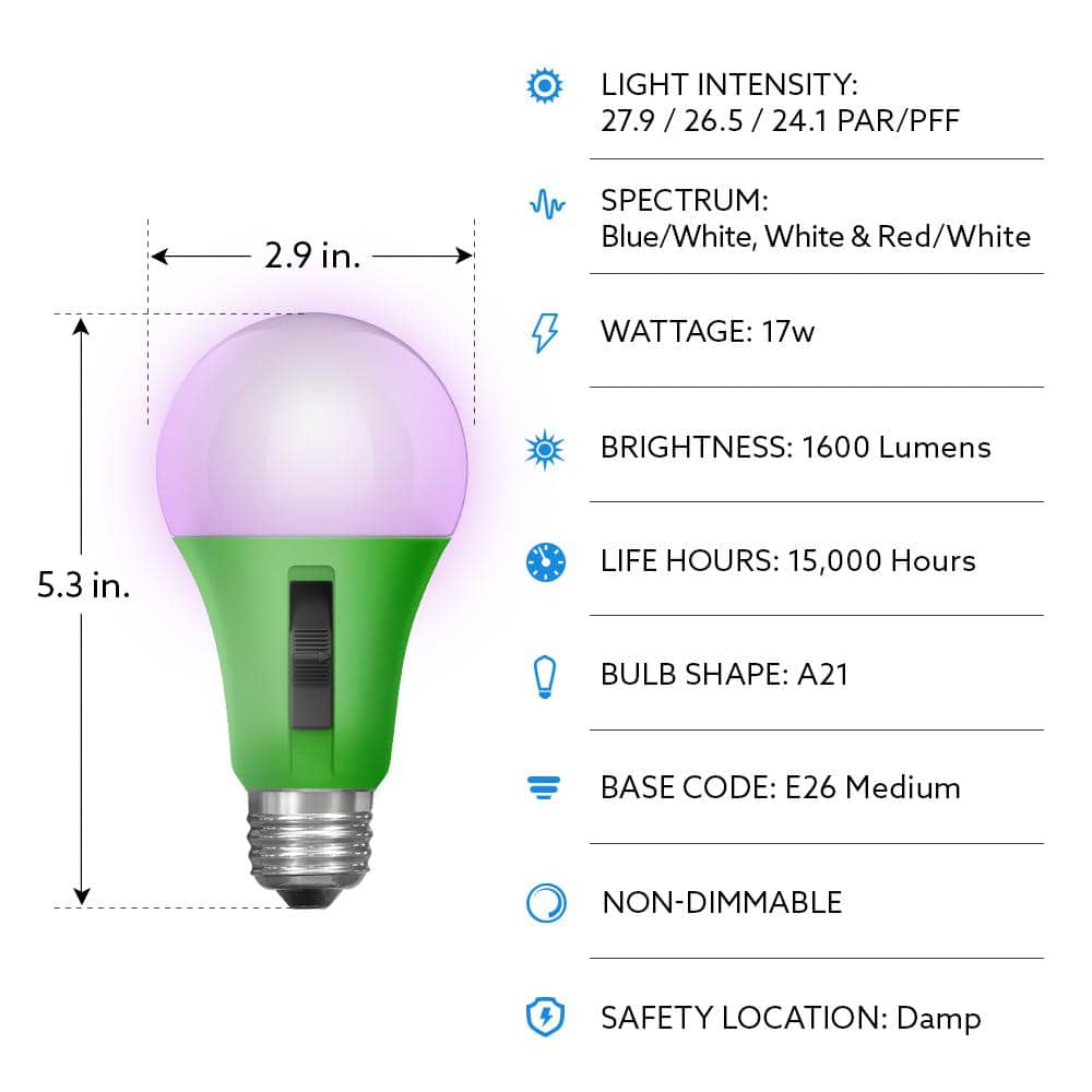 17-Watt E26 A21 Selectable Spectrum for Seeding Growing Blooming Indoor Greenhouse Plant Grow LED Light Bulb (1-Pack) - Hercitys