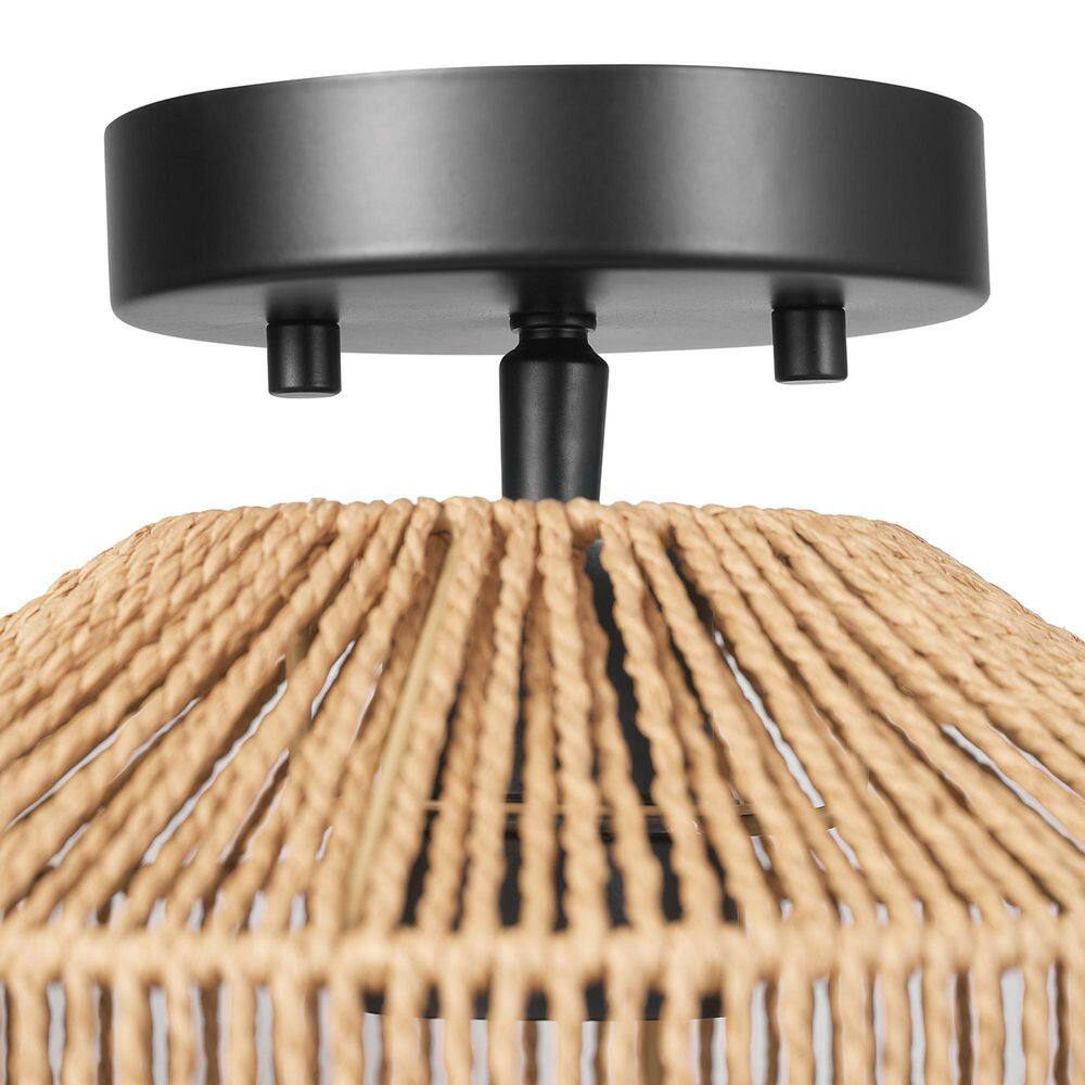 10.25 in. 1-Light Matte Black Semi-Flush Mount Ceiling Light with Paper Twine Shade - Hercitys