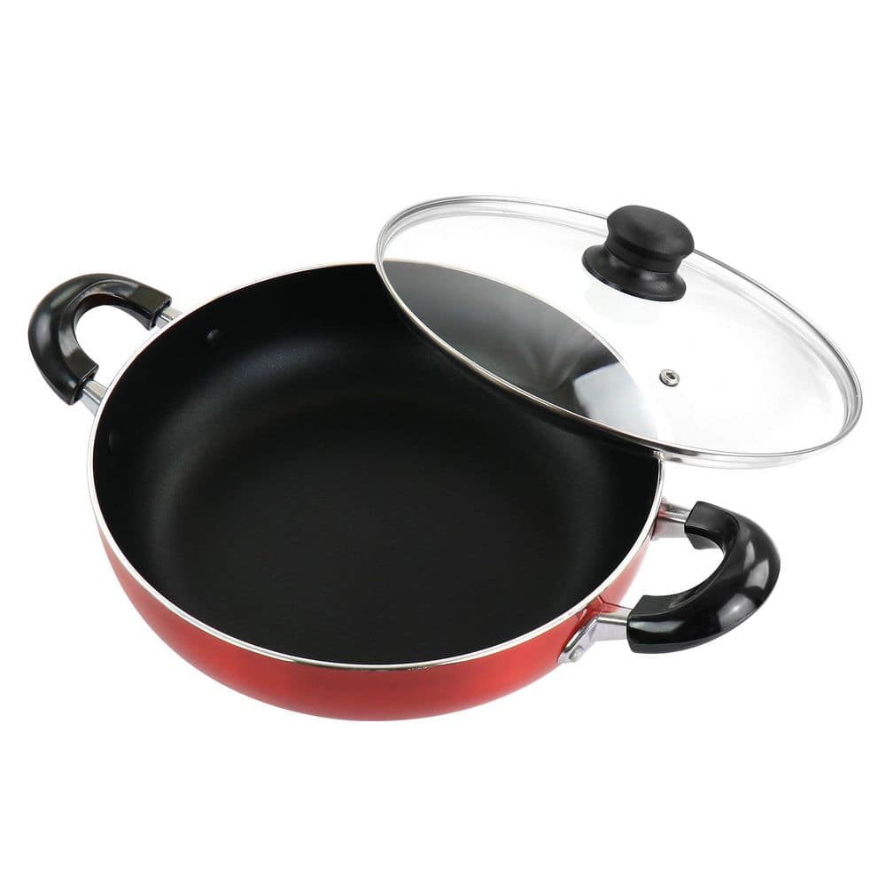 10 in. Aluminum Deep Frying Pan with Glass Lid in Red - Hercitys