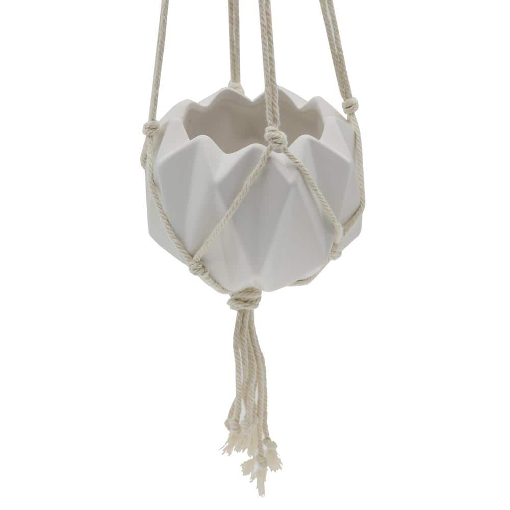 5 in. Matte White Ceramic Macrame Hanging Planter - Hercitys