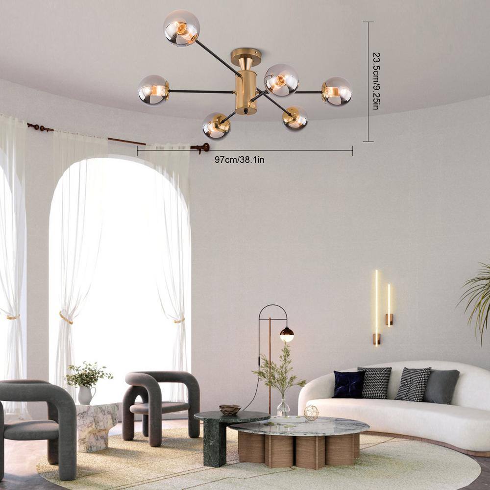 38.1 in. 6-Light Gold Modern Sputnik Semi-Flush Mount Ceiling Light with Smoky Grey Glass Shade, No Bulbs Included - Hercitys