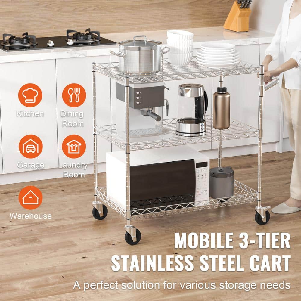 3-Tier Kitchen Cart, 661 lbs. Capacity, Steel Service Trolley with 3.15 in. Deep Basket, Curved Handle and 6-Hooks - Hercitys