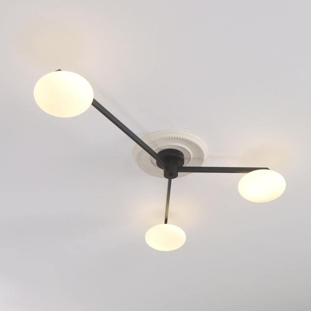 55 In. 3-Light Black Modern Branch Glass Semi-Flush Mount for Dining Room Bedroom, with White Glass Shade - Hercitys