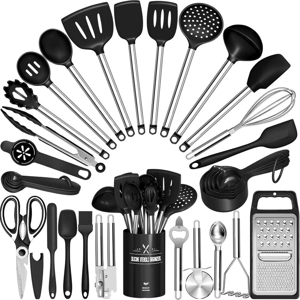 34-Piece Black Silicone Stainless Steel Kitchen Utensils Set with Cooking Tools for Nonstick Cookware - Hercitys