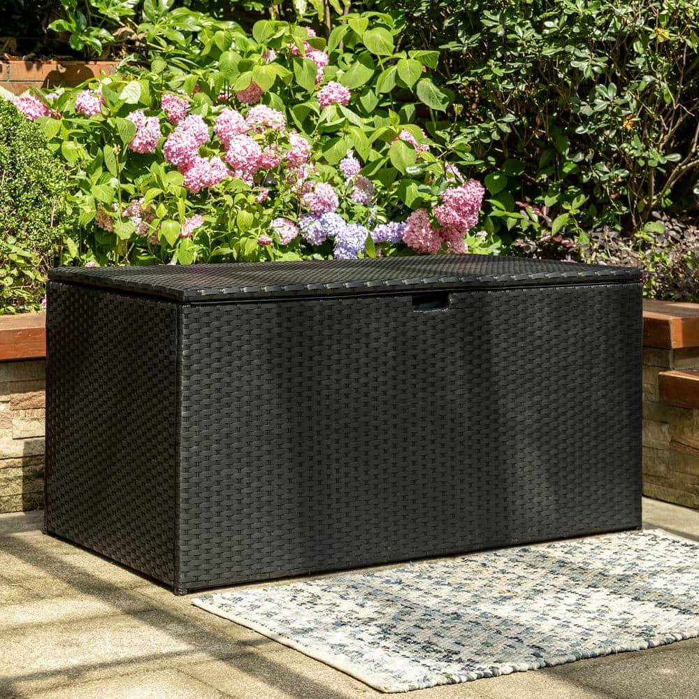 140 Gal. Outdoor Patio Oversized All-Weather Wicker Natural Black Storage Deck Box - Hercitys