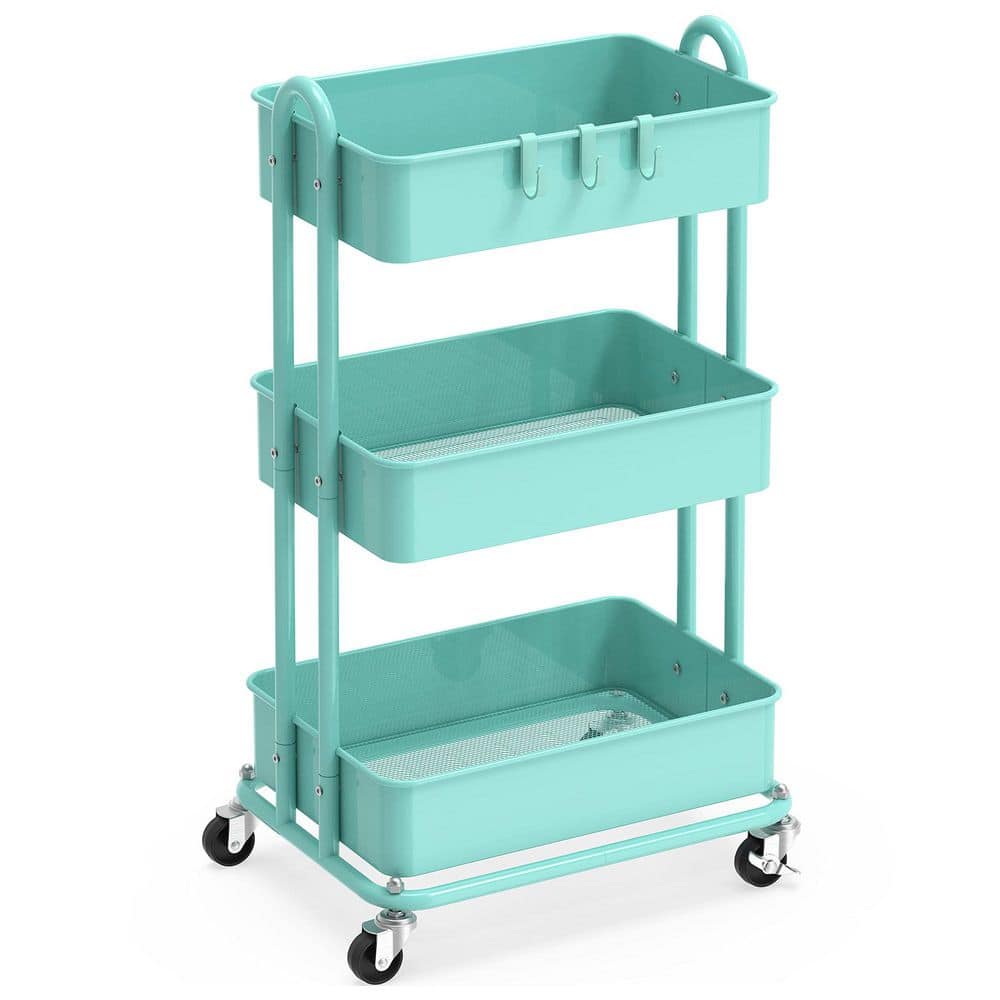 3-Tier Metal -Wheeled Utility Cart in Turquoise - Hercitys