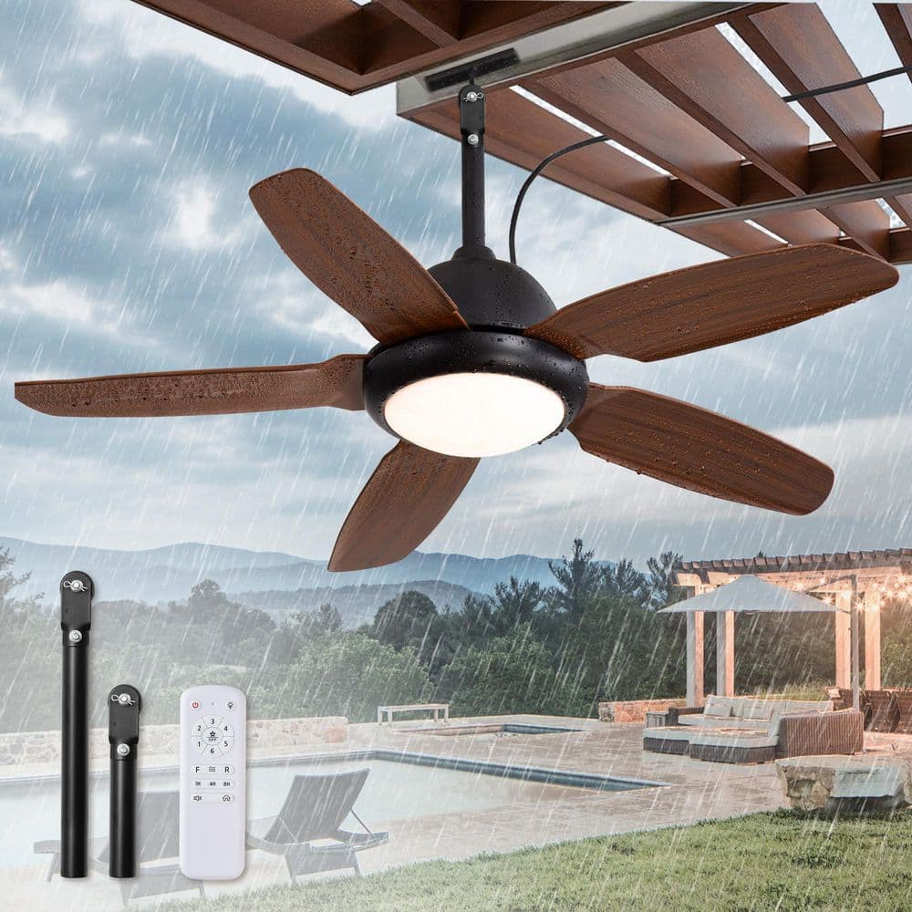 42 in. Wet Rated Outdoor Brown 3-Color LED 6-Speed Ceiling Fan with Light Kit and Remote Control DC Motor - Hercitys