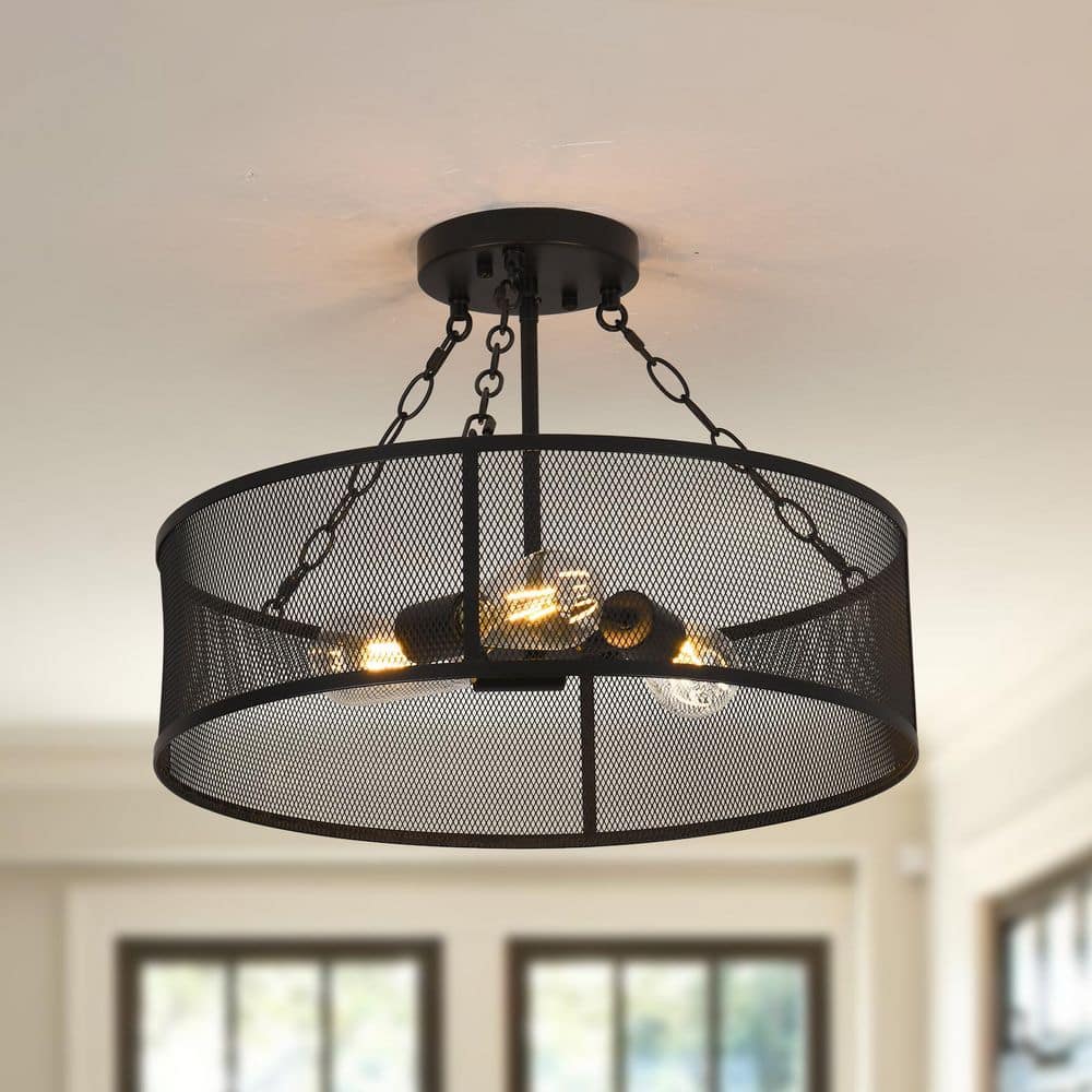 19.7 in. 3-Light Matte Black Drum Farmhouse Semi-Flush Mount with Metal Mesh Cage Shade - Hercitys