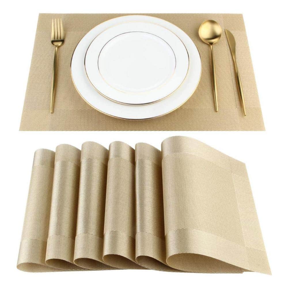 11.8 in x 17.7 in. Stylish Polyester Woven Place Mats for Dining Table Washable and Durable PVC in Gold Set of 6 - Hercitys