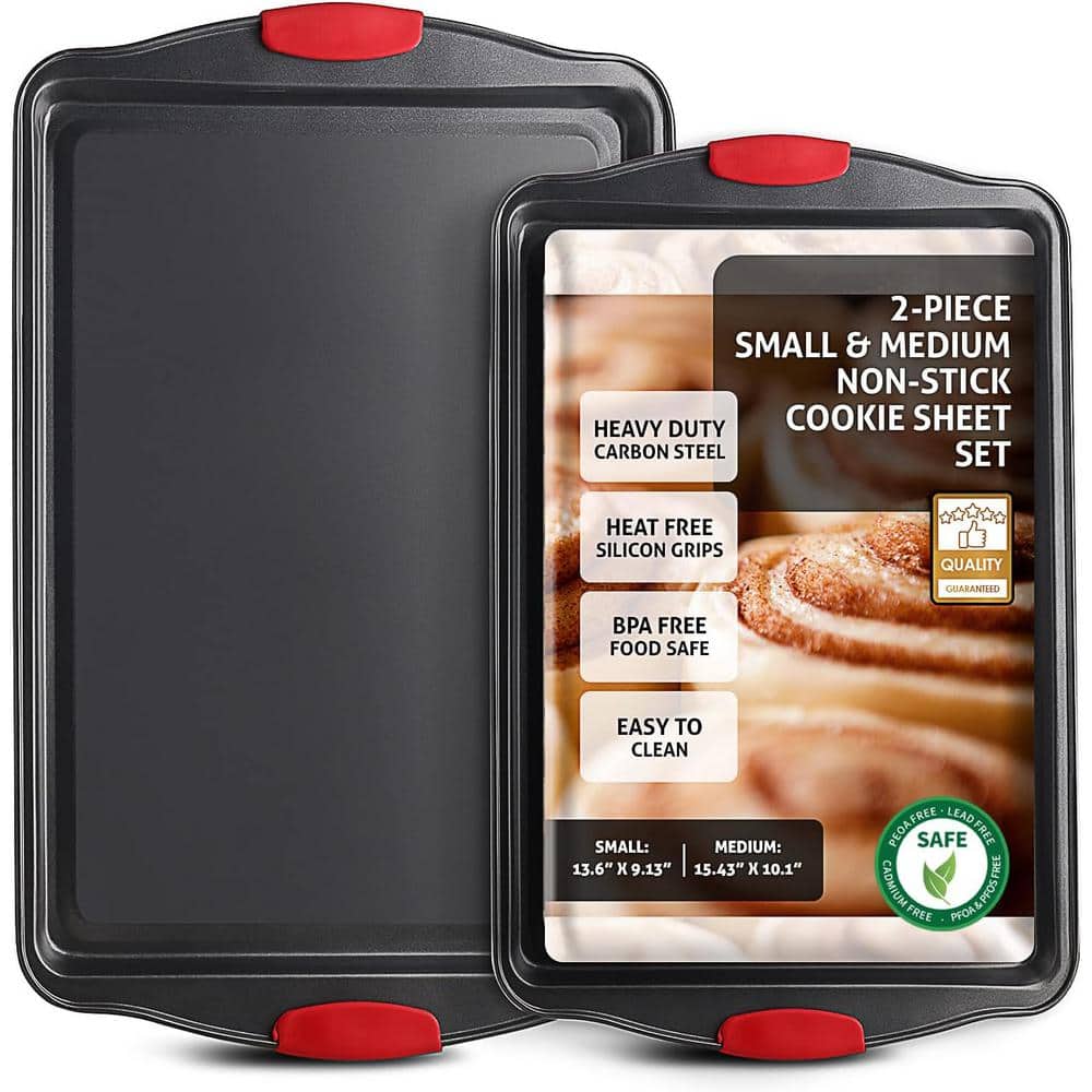 2-Piece Black Steel Nonstick Large and Medium Baking Cookie Sheet Set w/Silicone Handles - Hercitys
