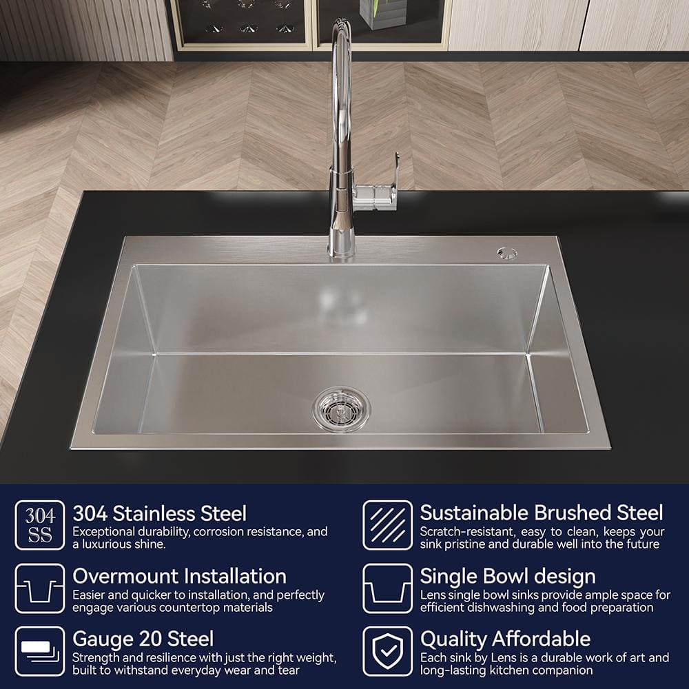 32 in. Drop-In Single Bowl 20-Gauge Stainless Steel Workstation Kitchen Sink, with US Standard Drain and Hook - Hercitys