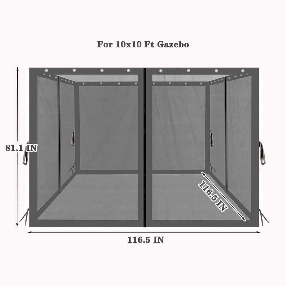10 ft. x 10 ft. Mosquito Netting for Gazebo Replacement, 4-Side Mesh Walls with Zippers, Black. - Hercitys