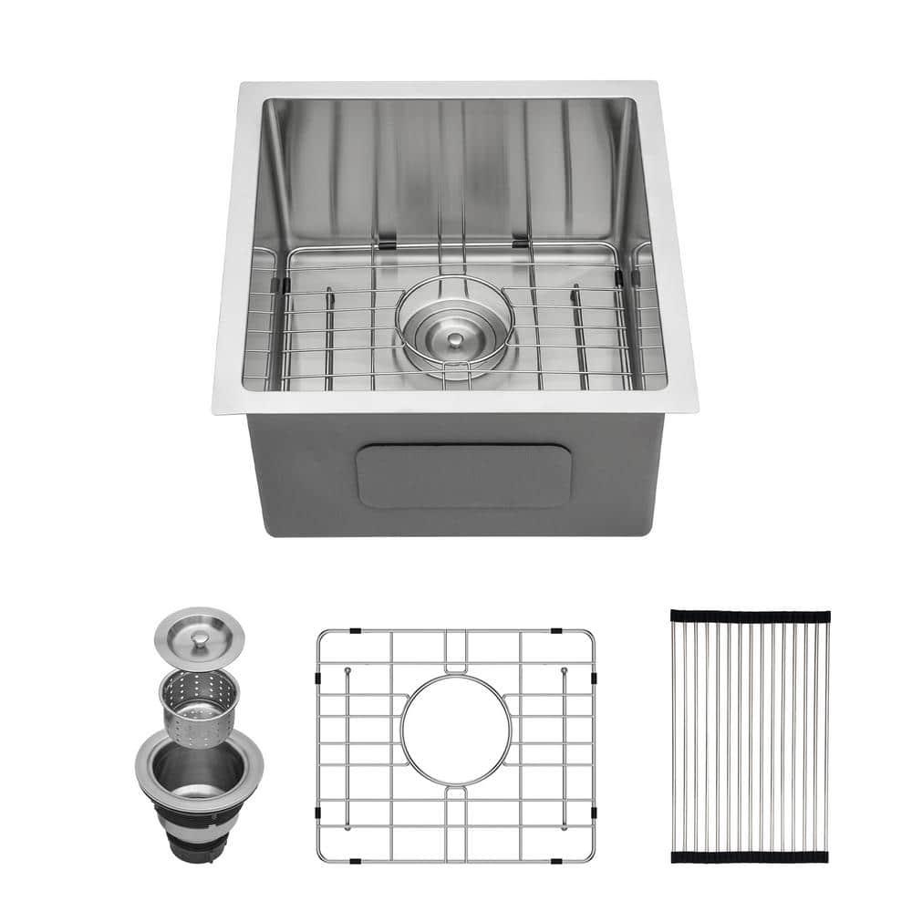 17 in. Undermount Single Bowl 16-Gauge Brushed Nickel Stainless Steel Kitchen Sink with Bottom Grids - Hercitys