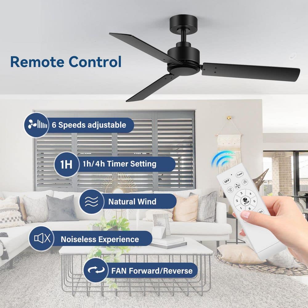 48 in. Indoor Black Ceiling Fans with 3-Black Blades and Downrod with Remote Included in 2-Packs - Hercitys