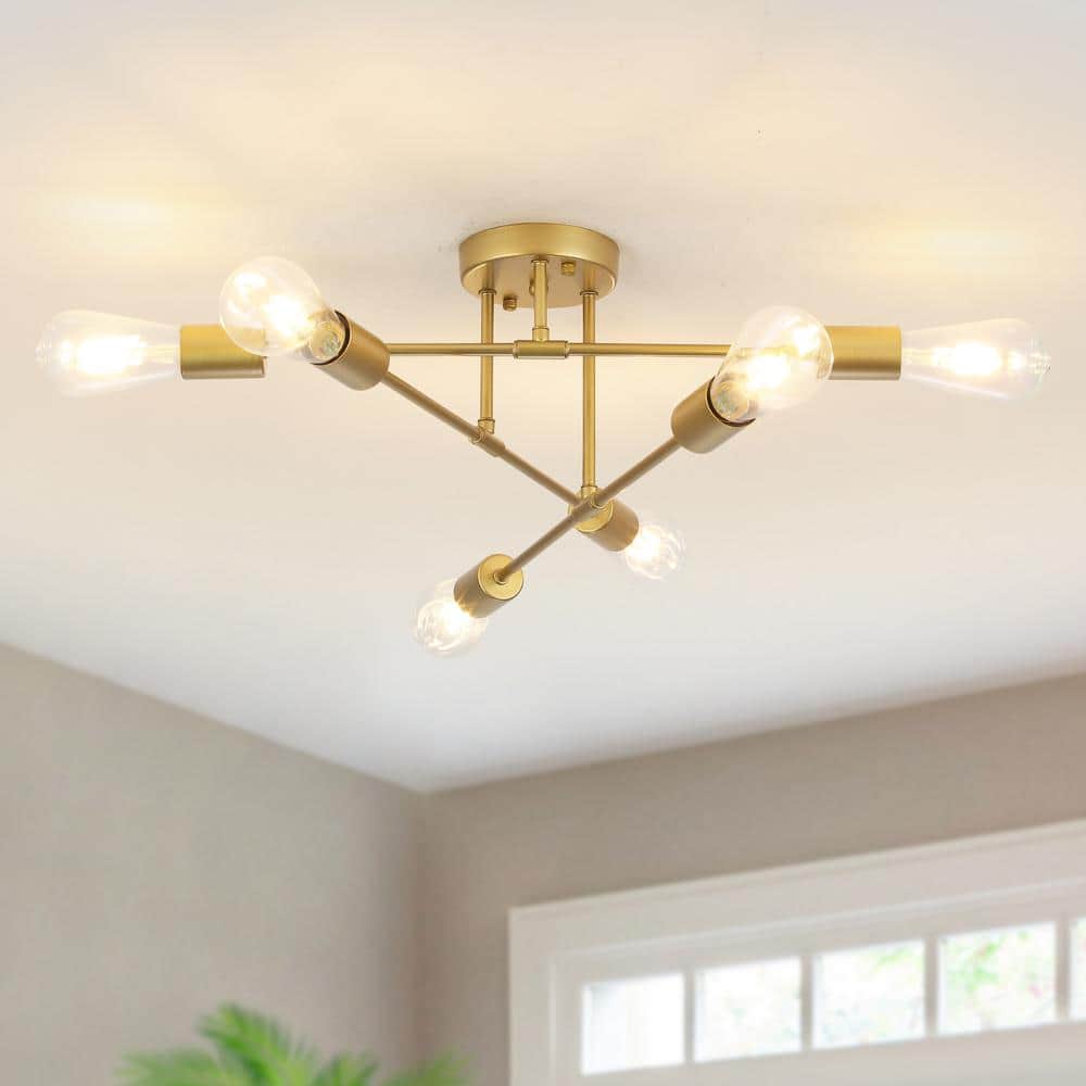 20.66 in. 6-Light Gold Dimmable Sputnik Chandelier Modern Linear Semi Flush Mount Ceiling Light for Office Living Room - Hercitys