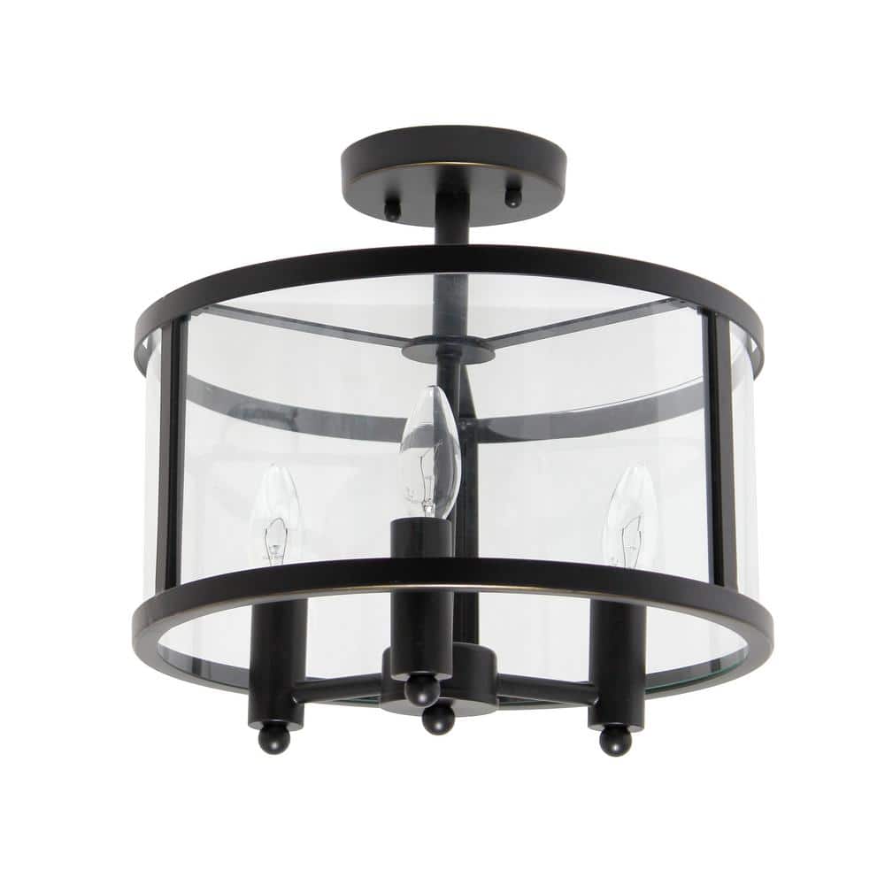 13 in. 3-Light Black Iron and Glass Shade Industrial Ceiling Mounted Round Semi-Flush Mount - Hercitys