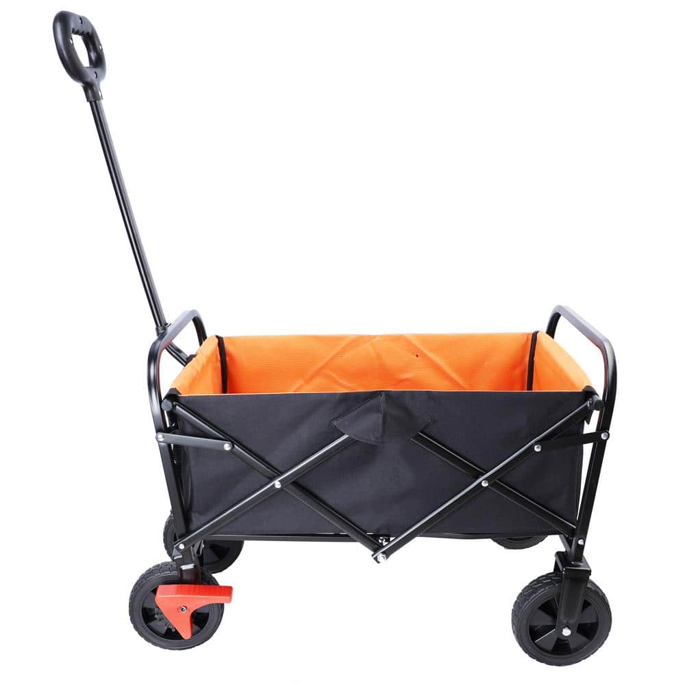 3.5 cu. ft. Black and Orange Steel Mini Folding Wagon, Shopping Beach Garden Cart with Brake - Hercitys