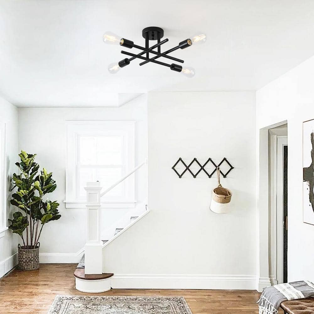 18.5 in. 4-Light Matte Black Sputnik Semi- Flush Mount for Foyer Dining Room with No Bulbs Included - Hercitys