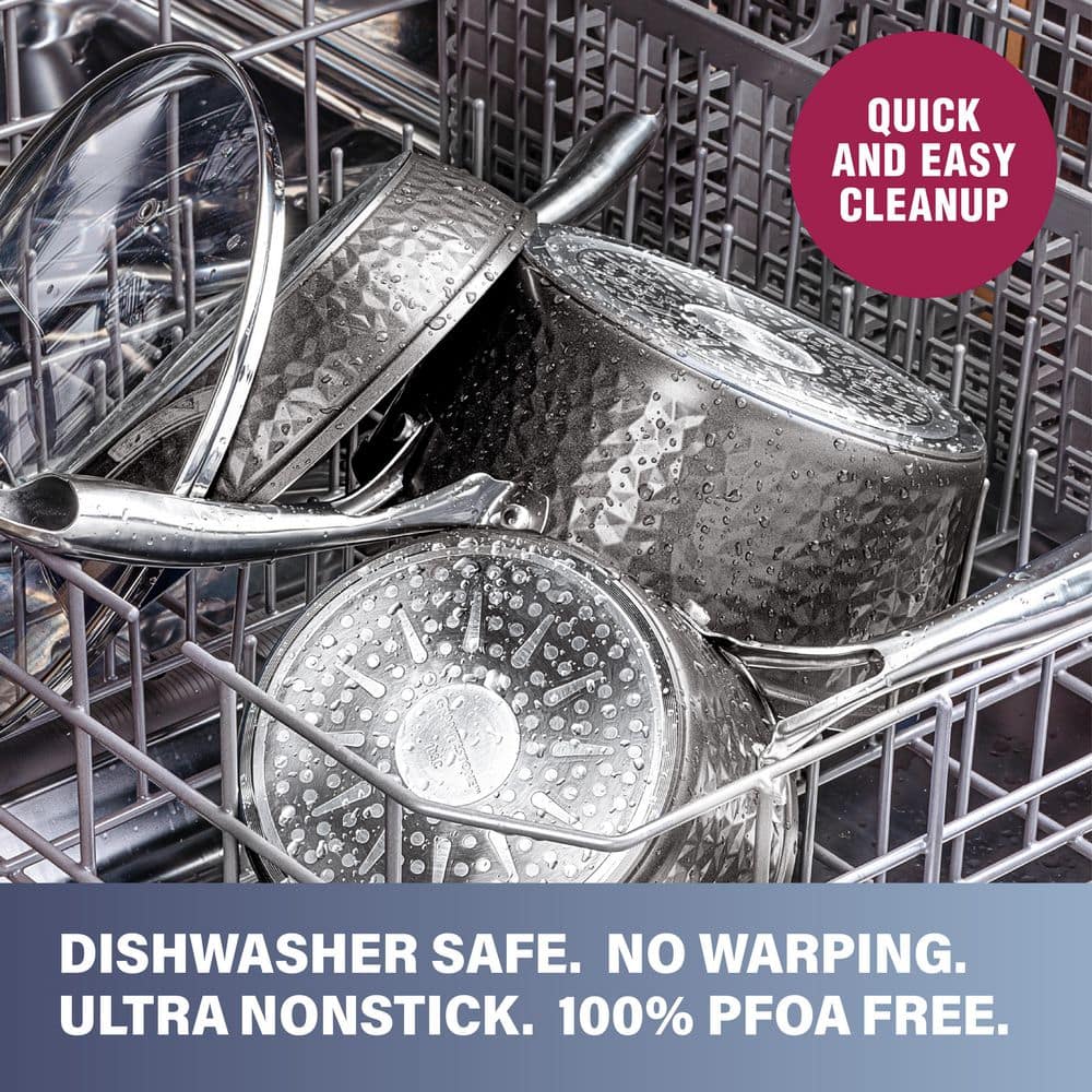 10-Piece Aluminum Hammered Ultra-Durable Non-Stick Diamond Infused Cookware Set in Pewter - Hercitys