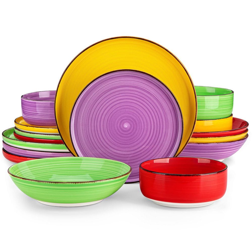 16-Piece Red Yellow Green Purple Stoneware Dinnerware Set Handpainted Dinner Set Service for 4, Bowls and Plates Set - Hercitys