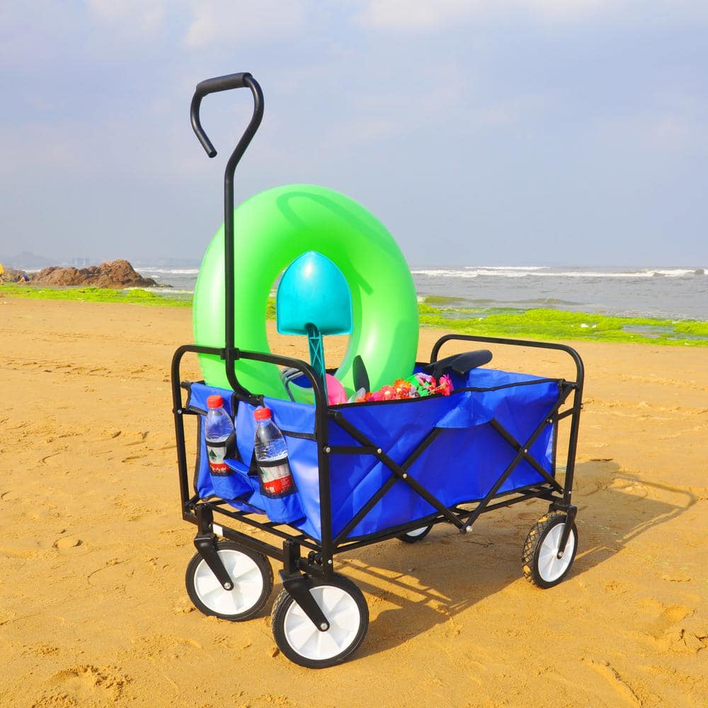 4.59 cu. ft. Durable Folding Wagon Blue Steel Garden Shopping Beach Cart - Hercitys