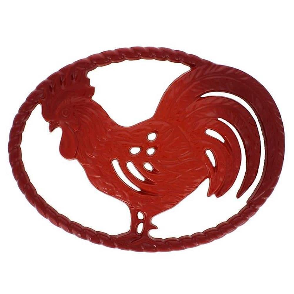 11 in. Chasseur Red French Rooster Enameled Cast Iron Trivet - Hercitys