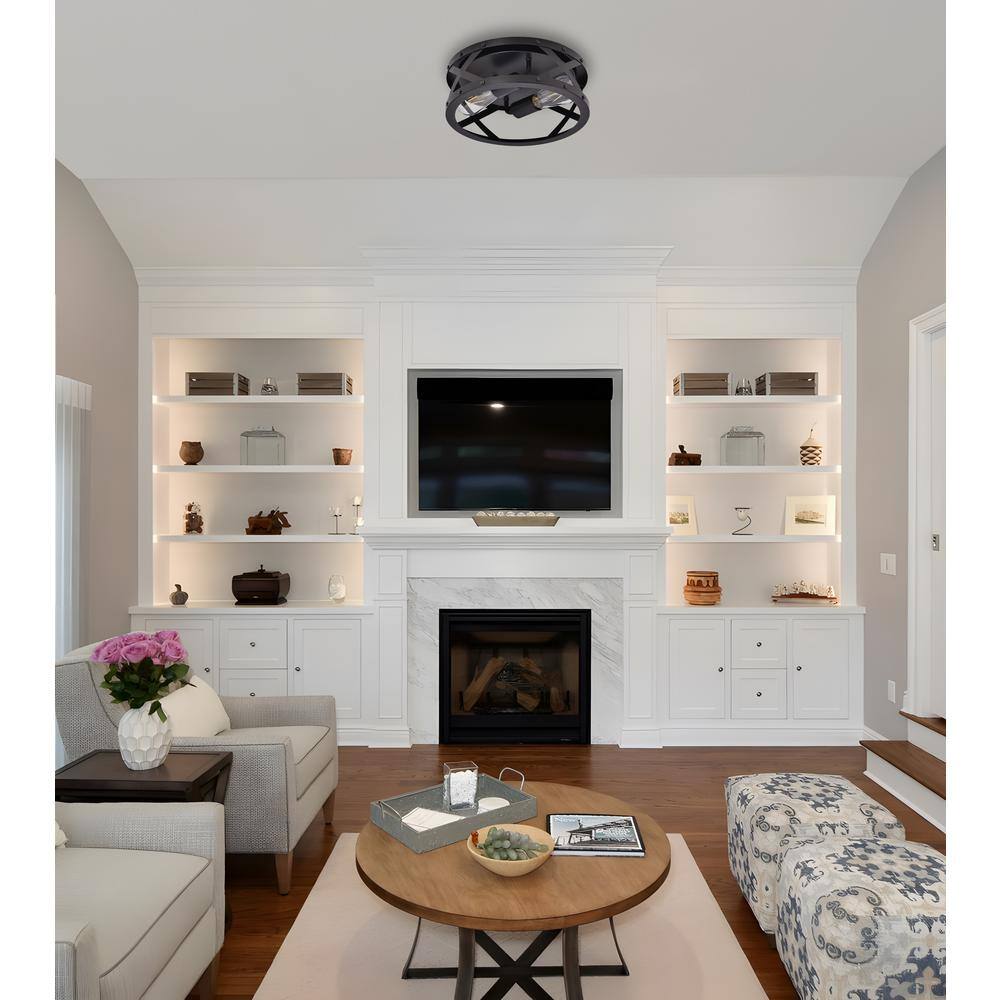 11.8 in. 2-Light Matte Black Flush Mount with Drum Shape - Hercitys